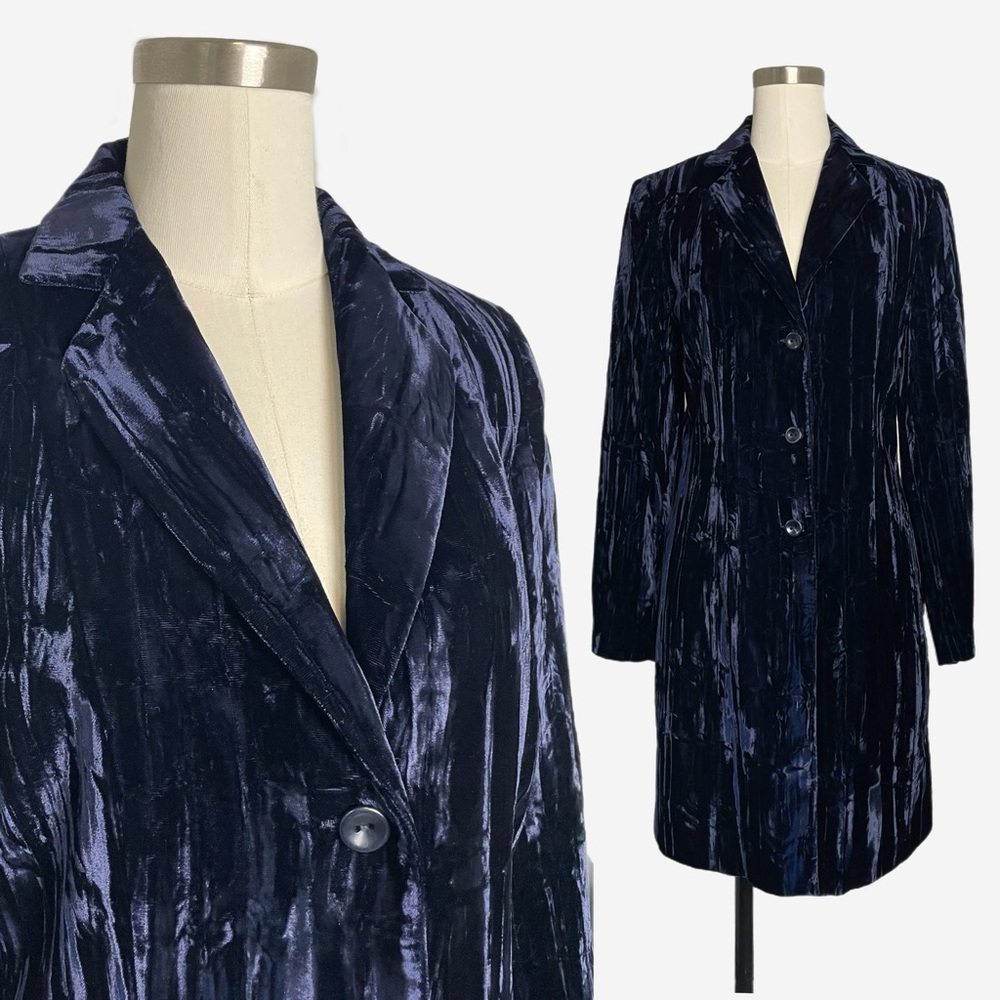 Vintage 90s Cache NWT Navy crushed velvet long coat soft goth grunge medieval S